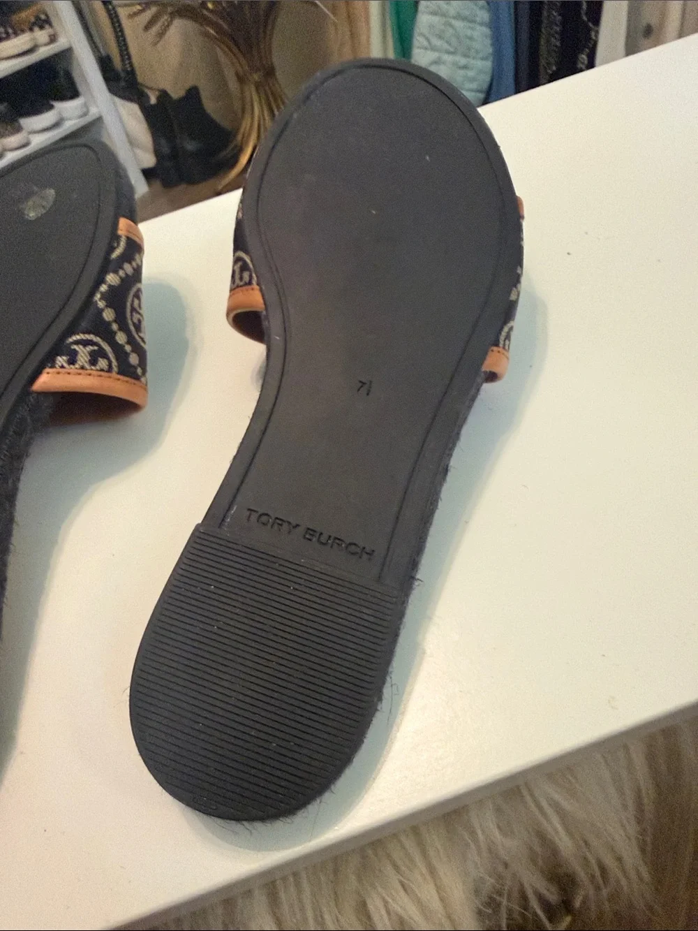 Tory Burch Navy Minogram Logo Espadrille Sandals with Brown Trim